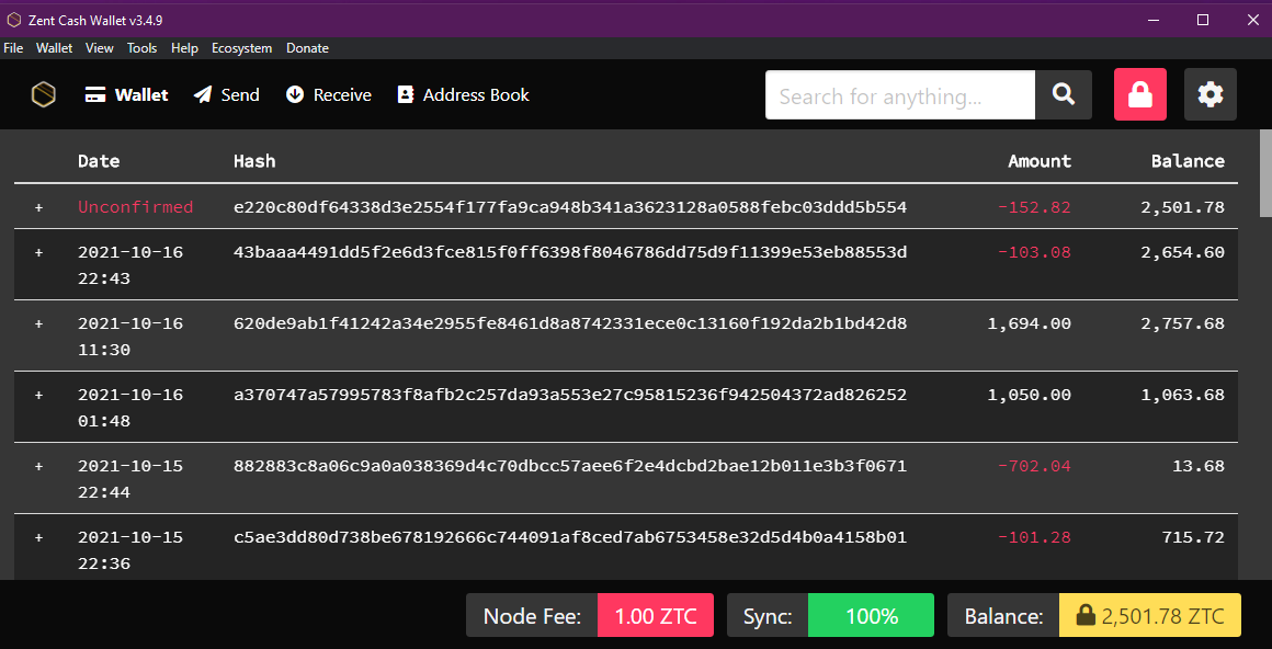 Screenshot of Zent Cash Wallet running