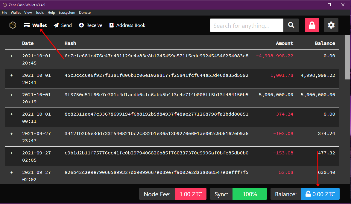 Zent Cash Wallet balance