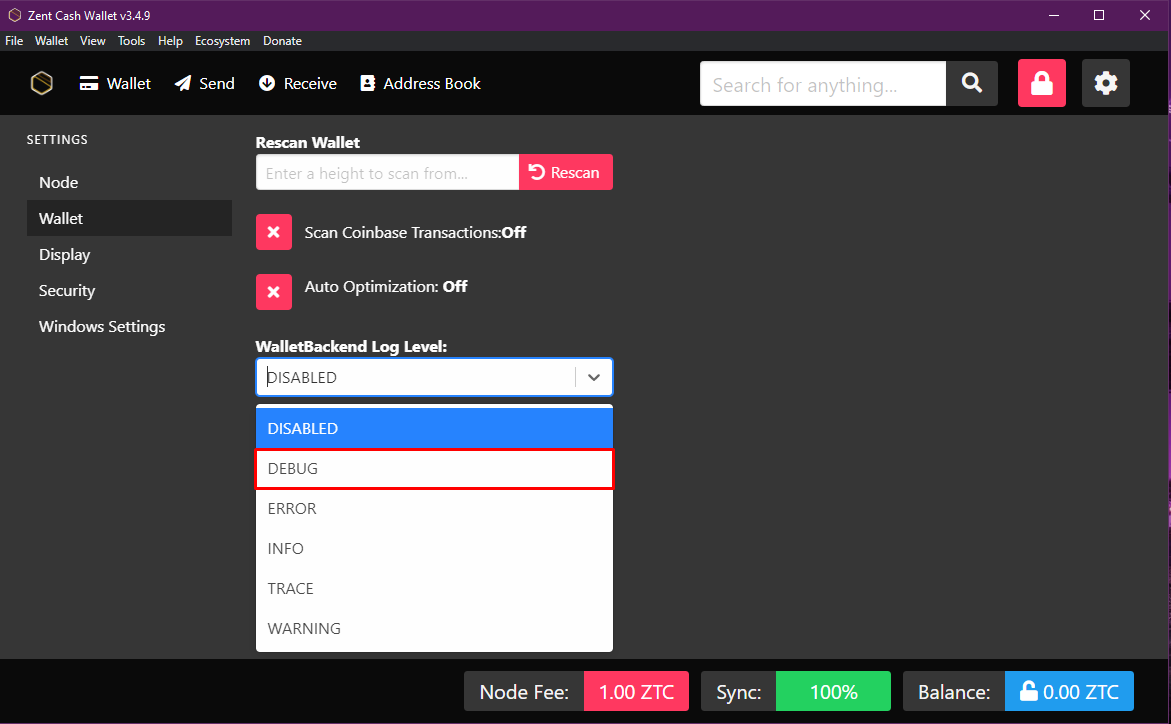 Zent Cash Wallet log level drop down