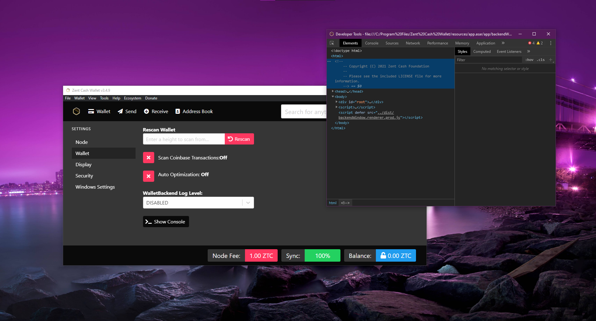 Zent Cash Wallet dev console