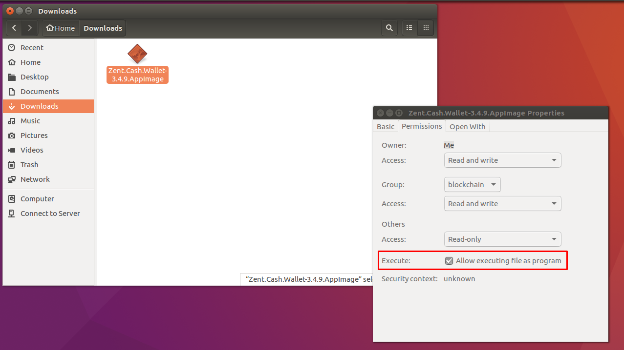 Location of tickbox to enable executing file as a program