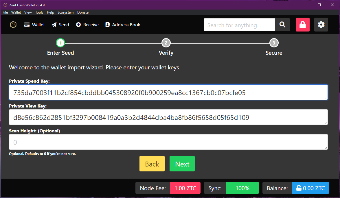 Zent Cash Wallet restore keys menu