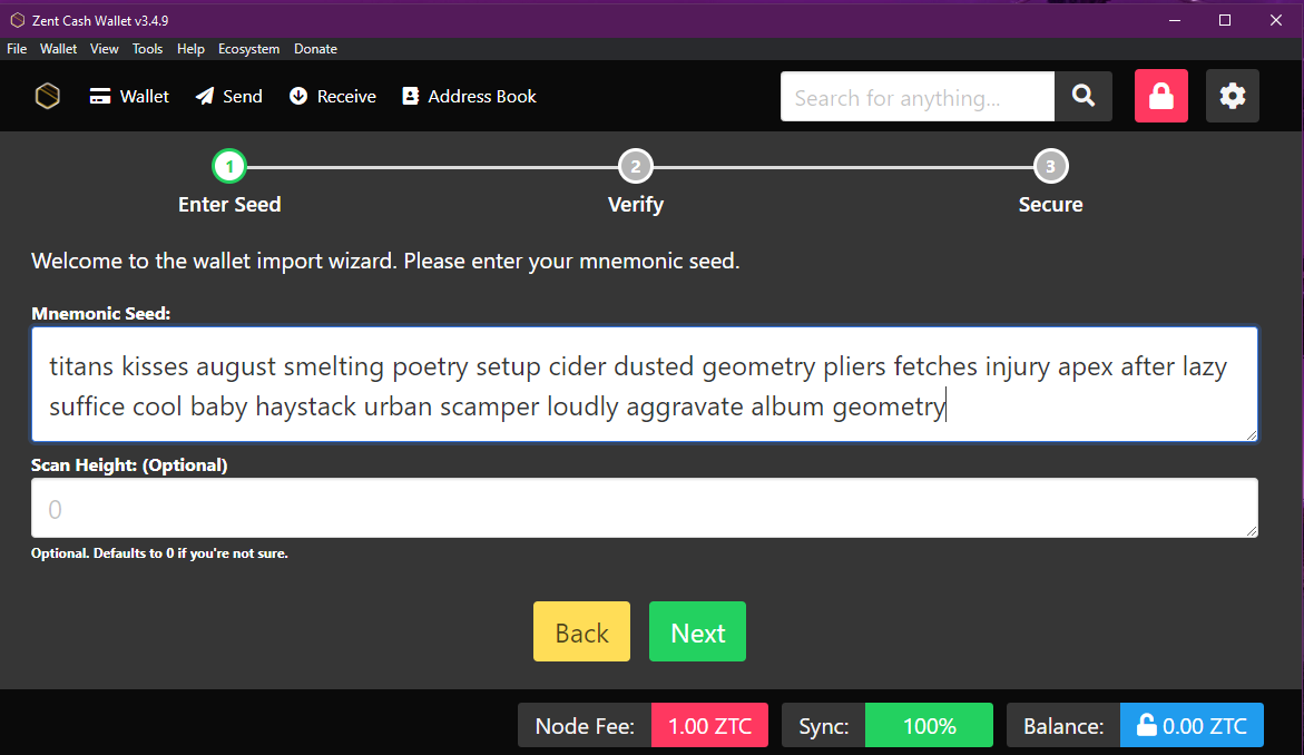 Zent Cash Wallet restore seed menu