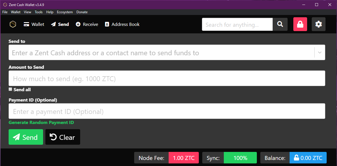 Zent Cash Wallet send screen