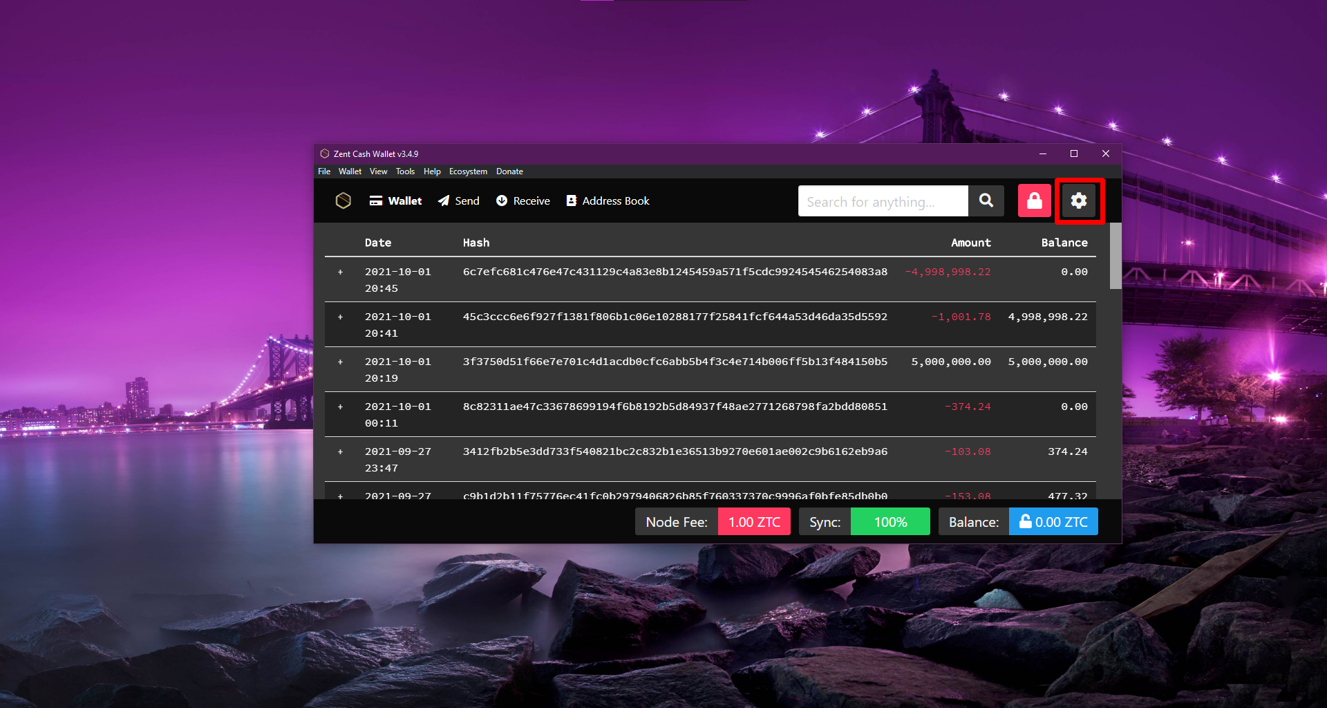 Zent Cash Wallet settings cog location