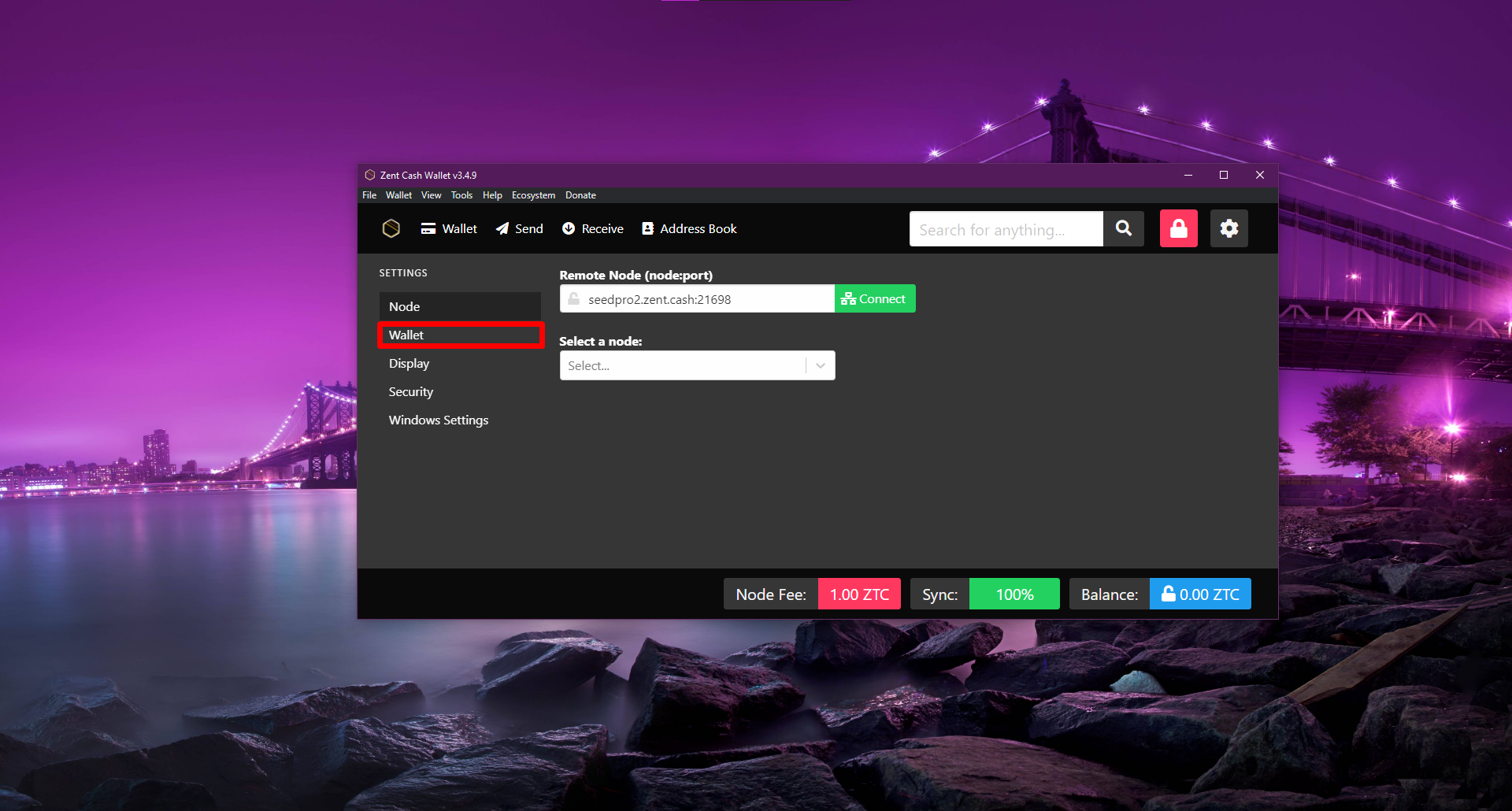 Zent Cash Wallet settings button location